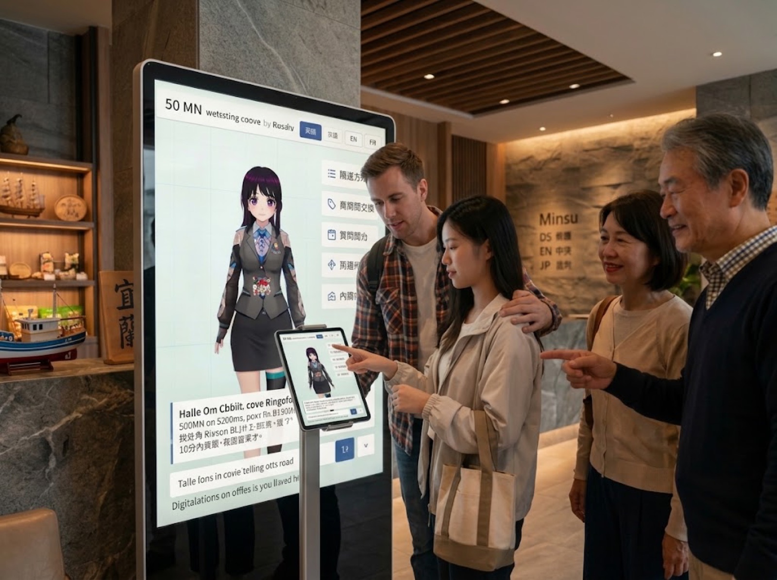 民宿大廳的 iPad 操作台與直立式電視，旅客一家人在詢問