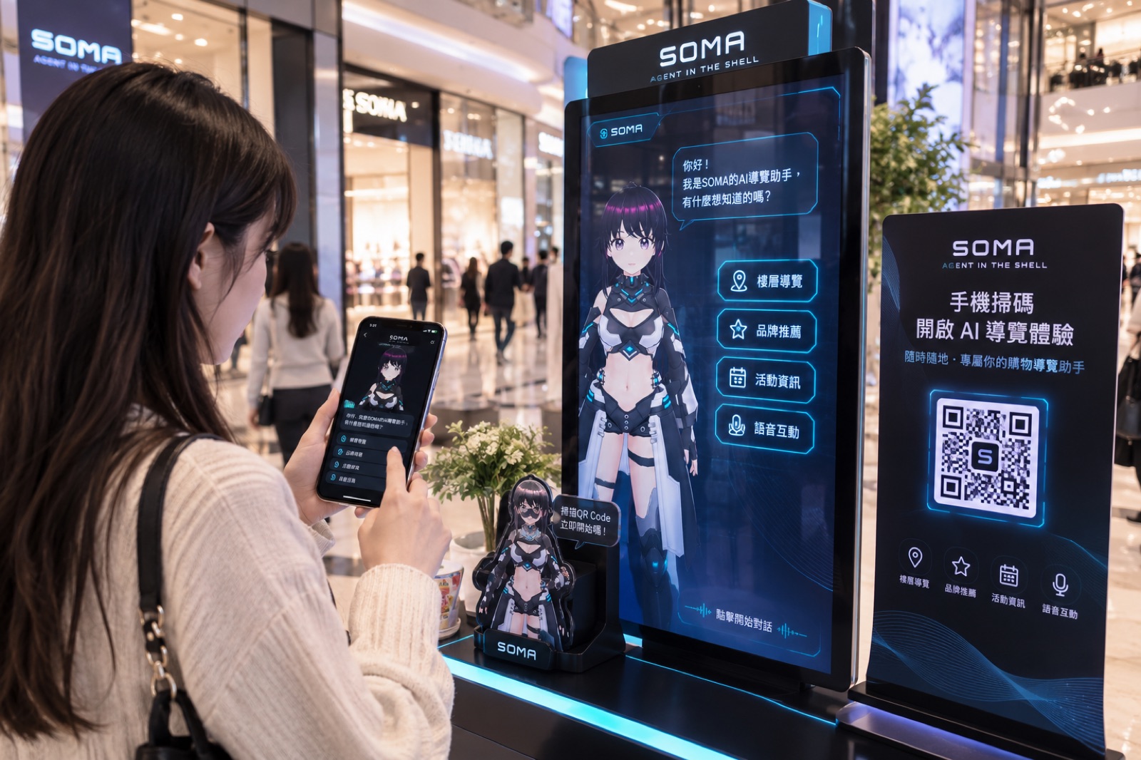 百貨公司中庭的直立式 AI 導覽螢幕